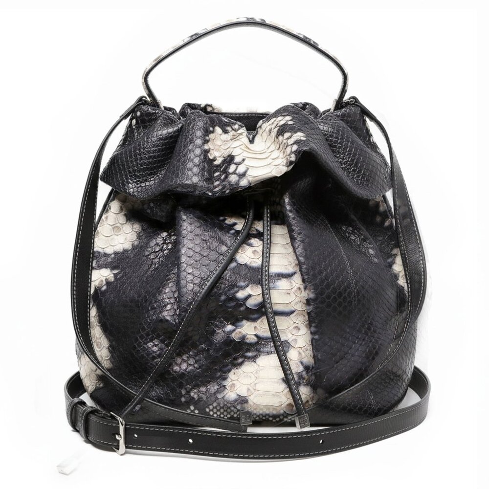 LUXURY Silvano Bagini Python Leather Drawstring Bucket Bag Handbag Black White